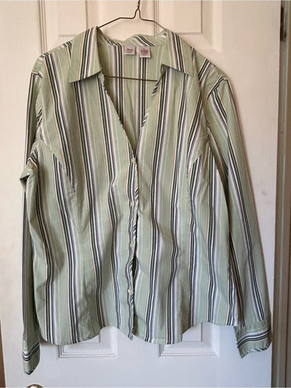 90s GH Bass Women’s Green Striped Button-Up Shirt - Large